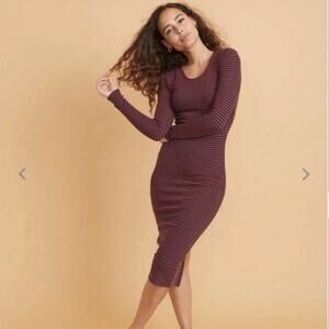 Marine Layer Dress Sz S Ribbed Striped Midi Long Sleeve Navy Soft Casual Fitted